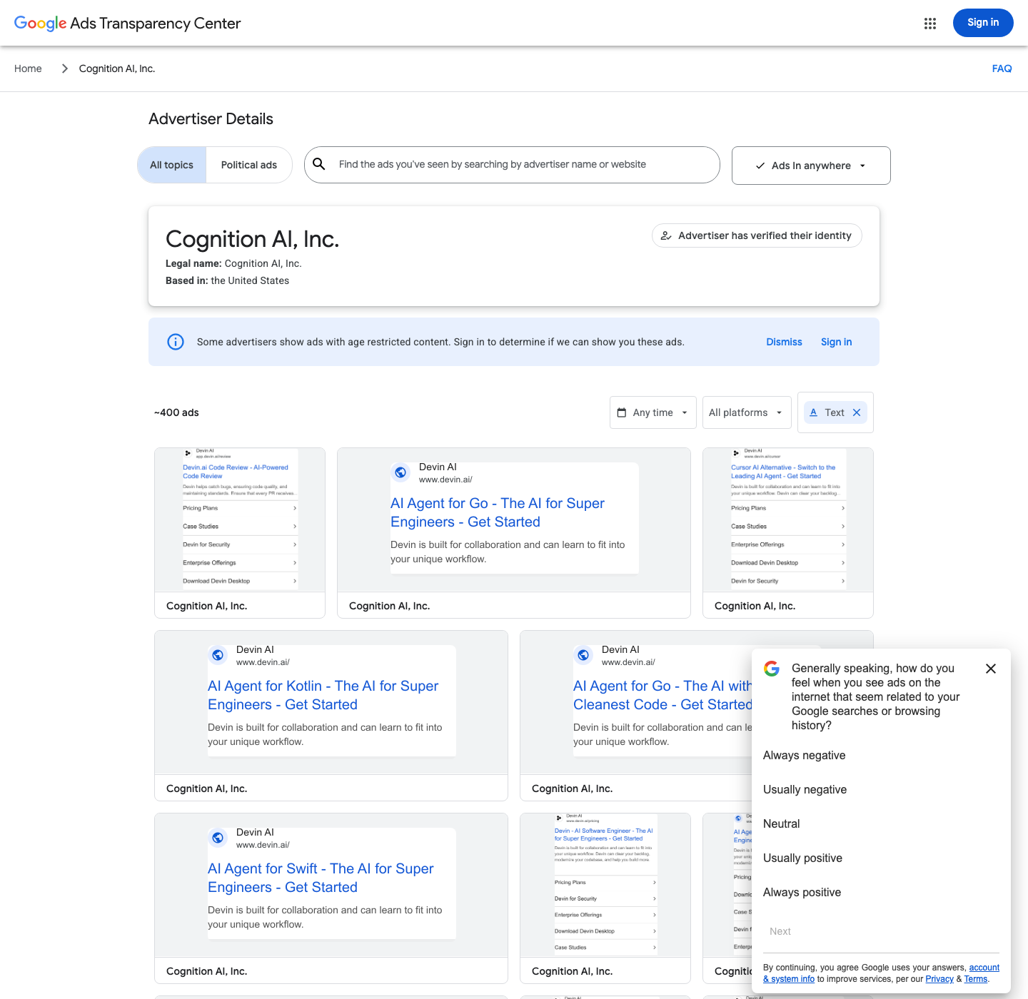 Google Ads Transparency Center for Cognition AI showing roughly 400 text ads, every creative pointing at devin.ai